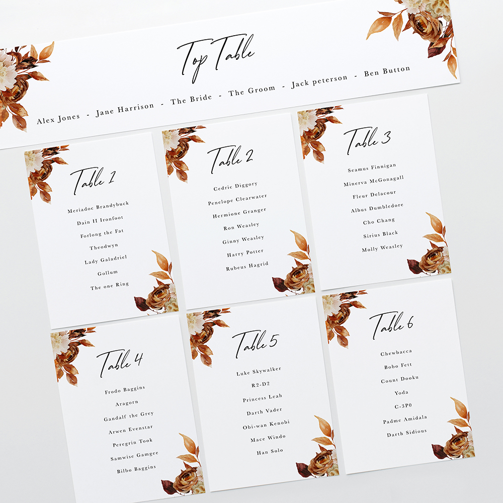 'Autumn Garden AG12' Table Plan Card Sample