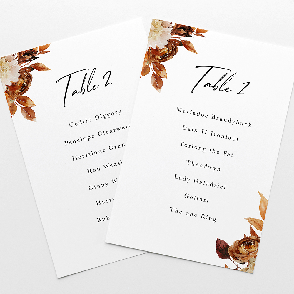 'Autumn Garden AG12' Table Plan Card Sample