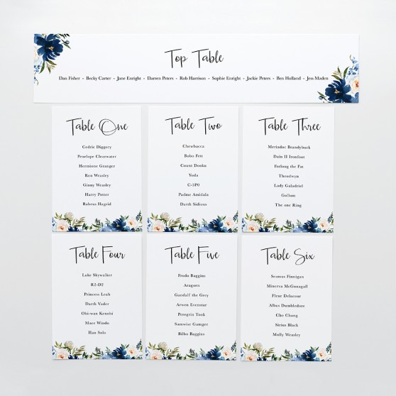 'Blue Velvet' Table Plan Card Sample
