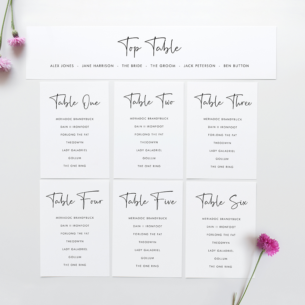 'Calligraphy 5' Table Plan Cards