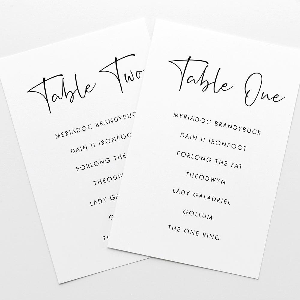 'Calligraphy 5' Table Plan Cards