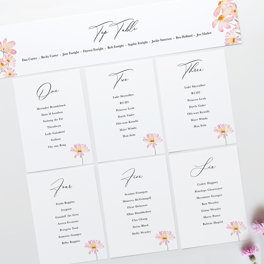 'Daisy Pink' Table Plan Card Sample