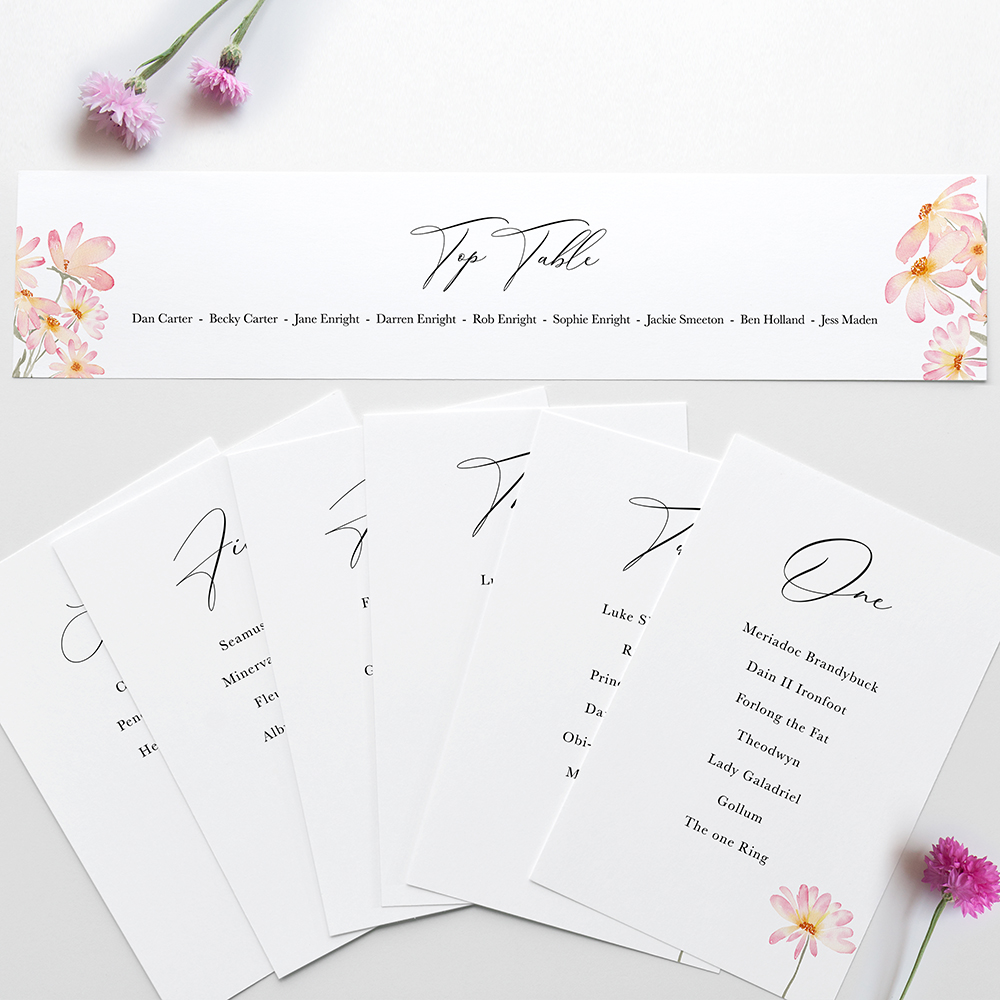 'Daisy Pink' Table Plan Card Sample