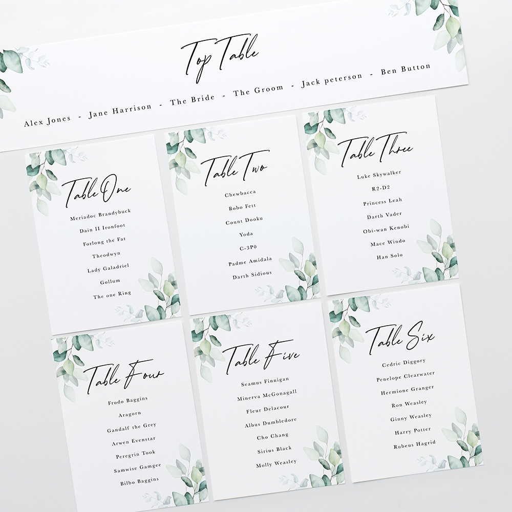 'Dreamy Eucalyptus' Table Plan Card Sample