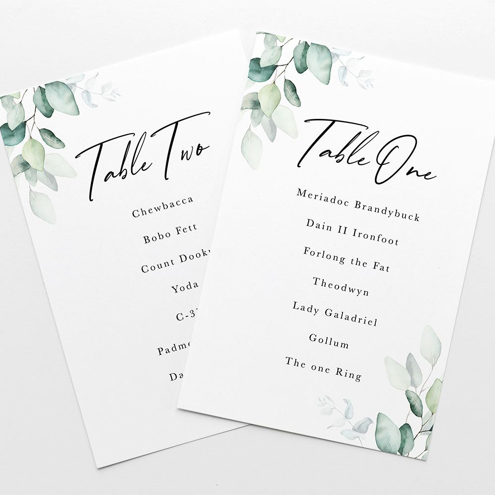 'Dreamy Eucalyptus' Table Plan Card Sample