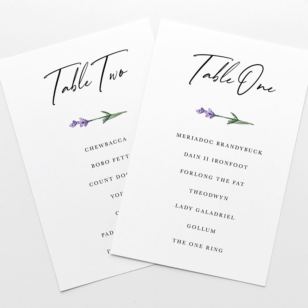 'Lavender' Table Plan Cards