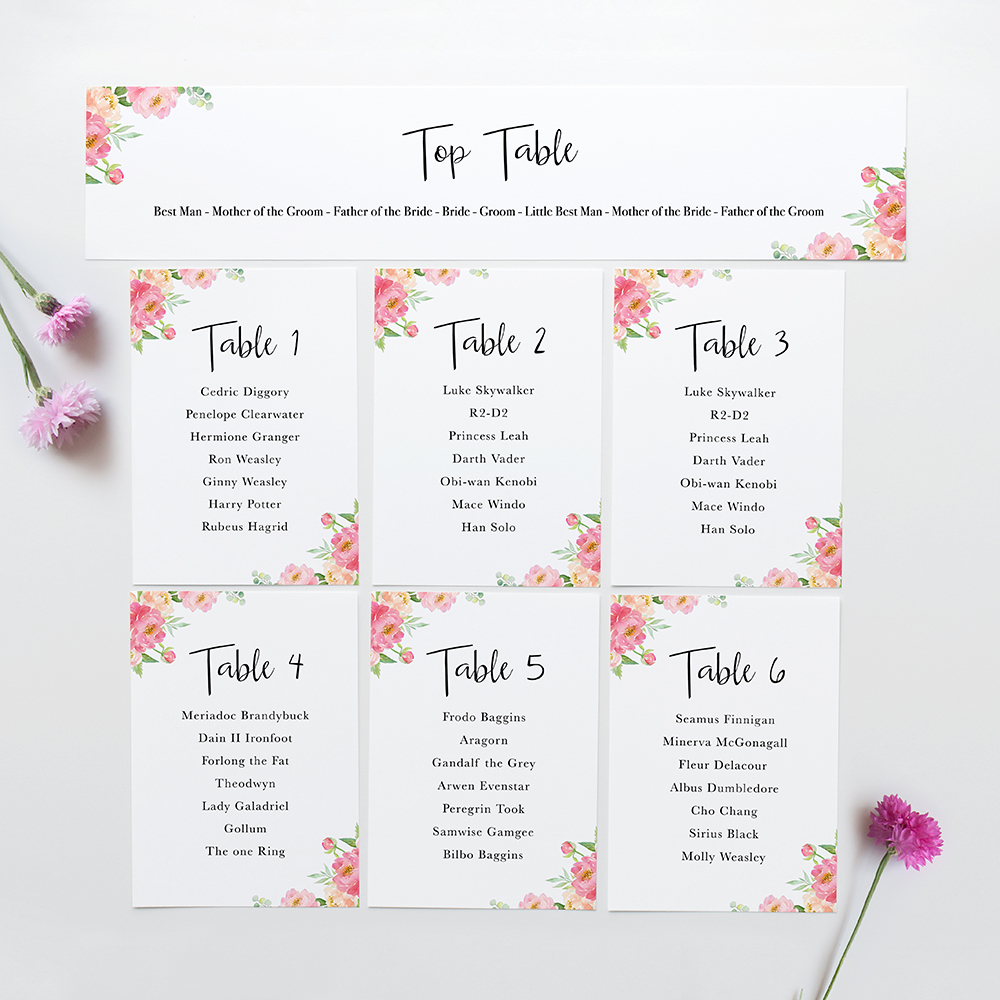 'Peony' Table Plan Card Sample
