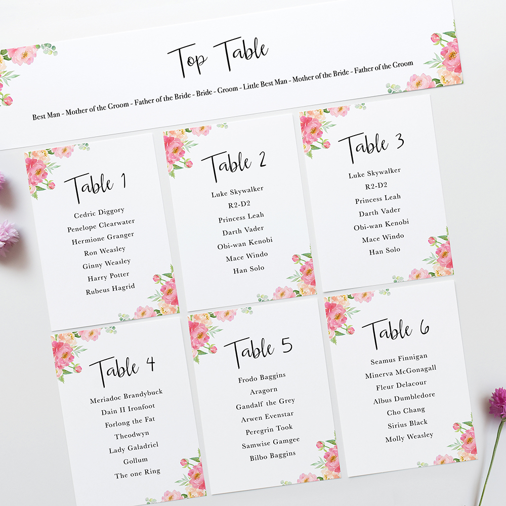 'Peony' Table Plan Card Sample