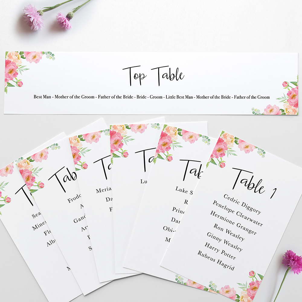 'Peony' Table Plan Card Sample