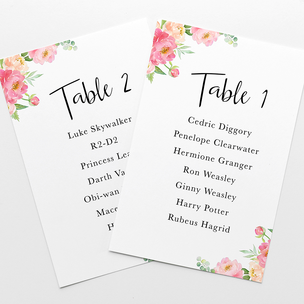 'Peony' Table Plan Card Sample