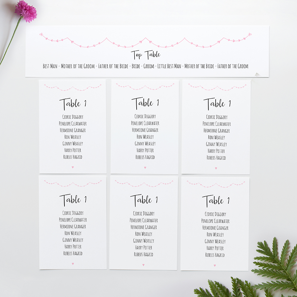 'Pink Heart Bunting' Table Plan Cards