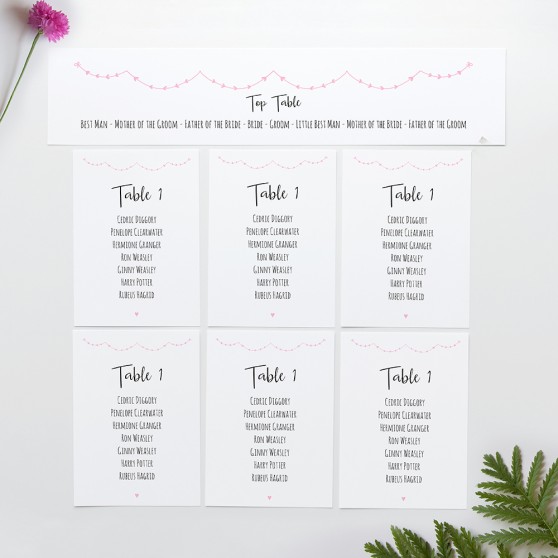 'Pink Heart Bunting' Table Plan Card Sample