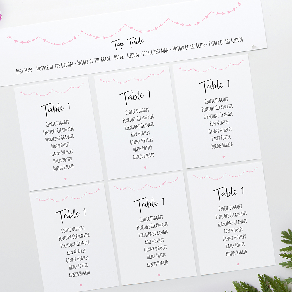 'Pink Heart Bunting' Table Plan Cards