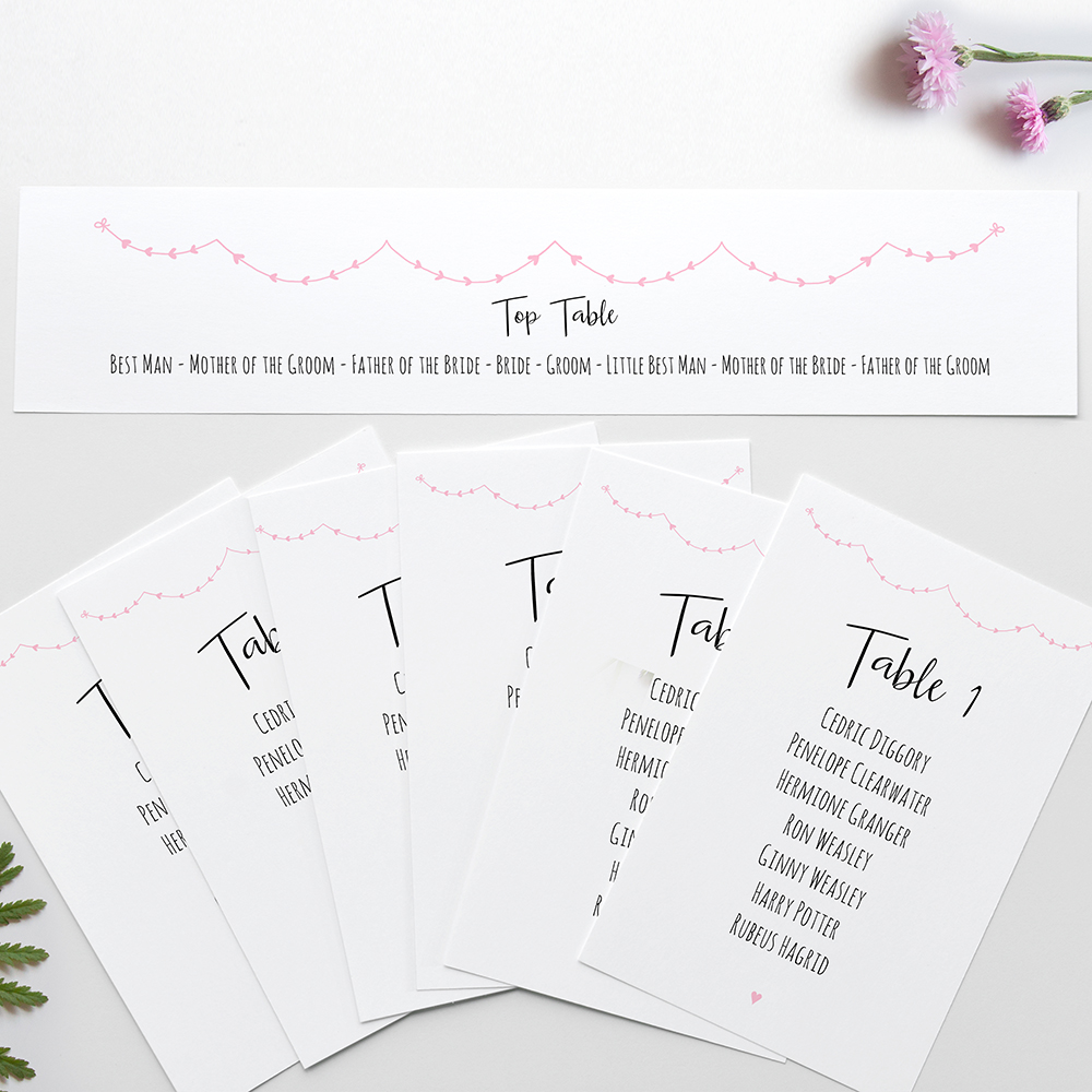 'Pink Heart Bunting' Table Plan Cards