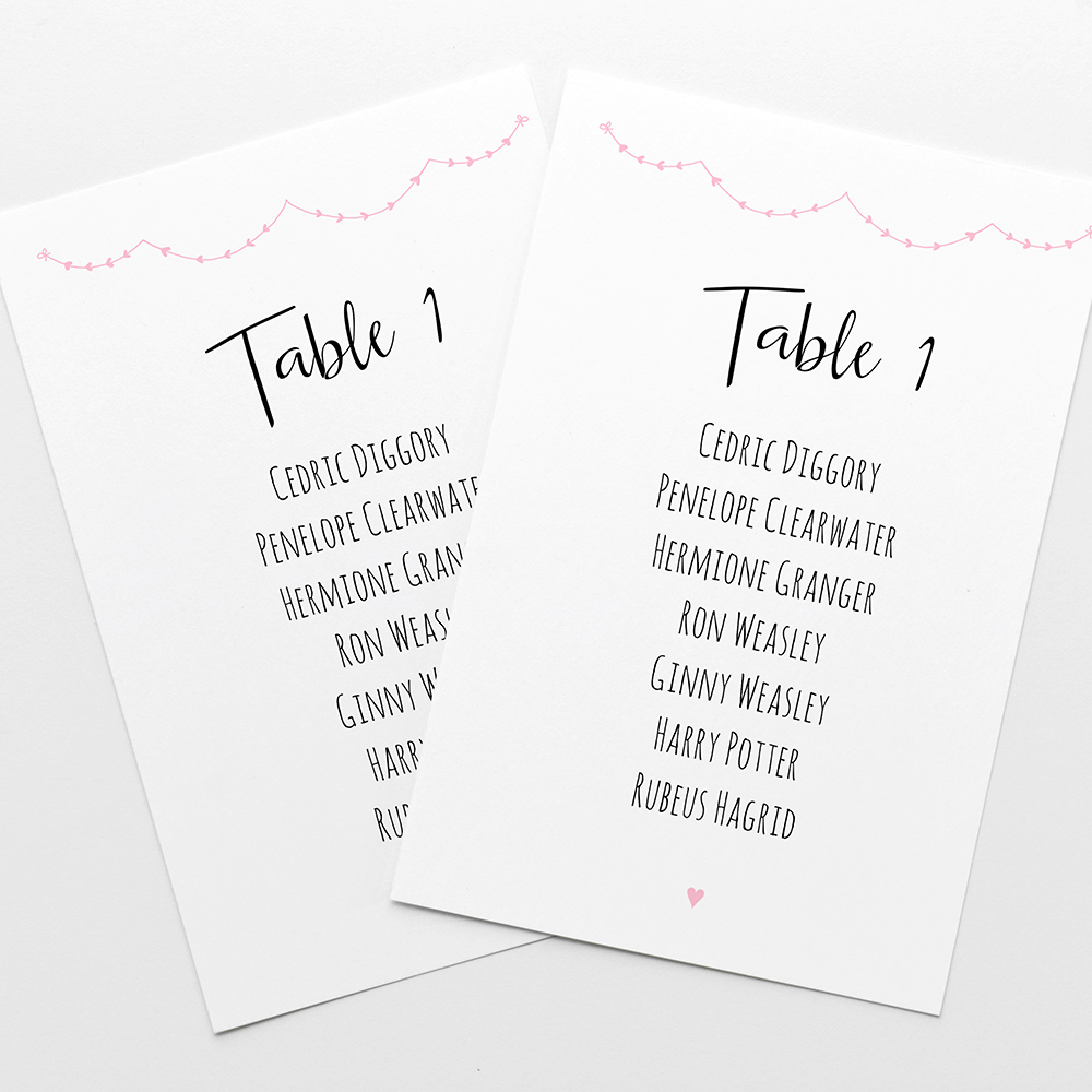 'Pink Heart Bunting' Table Plan Cards