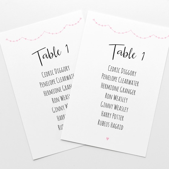 'Pink Heart Bunting' Table Plan Cards