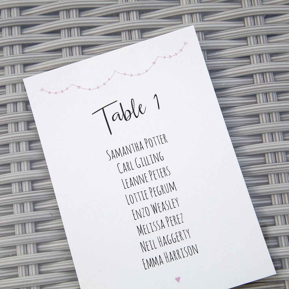 'Pink Heart Bunting' Table Plan Card Sample