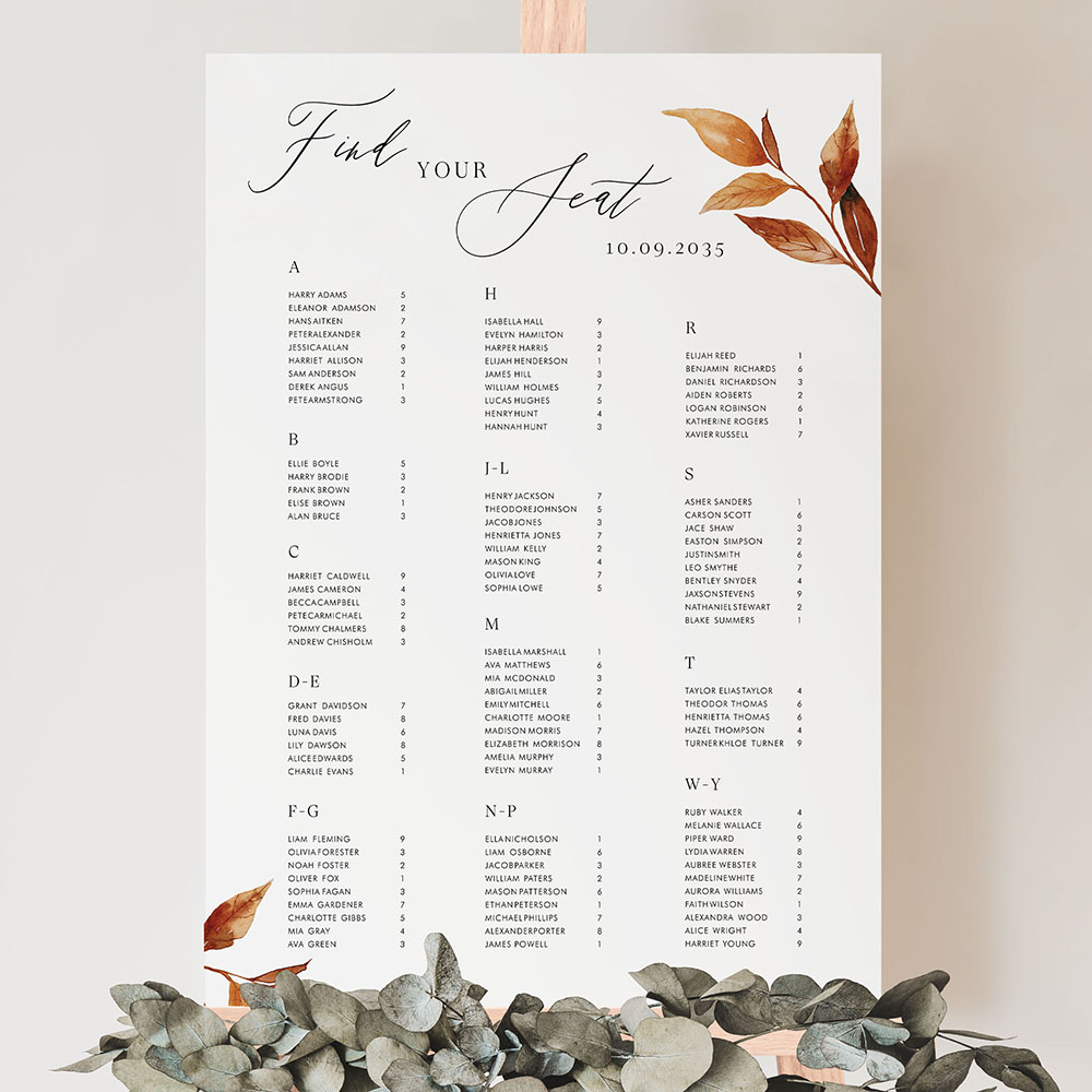 'Autumn Garden AG14' Large White Table Plan A2/A1