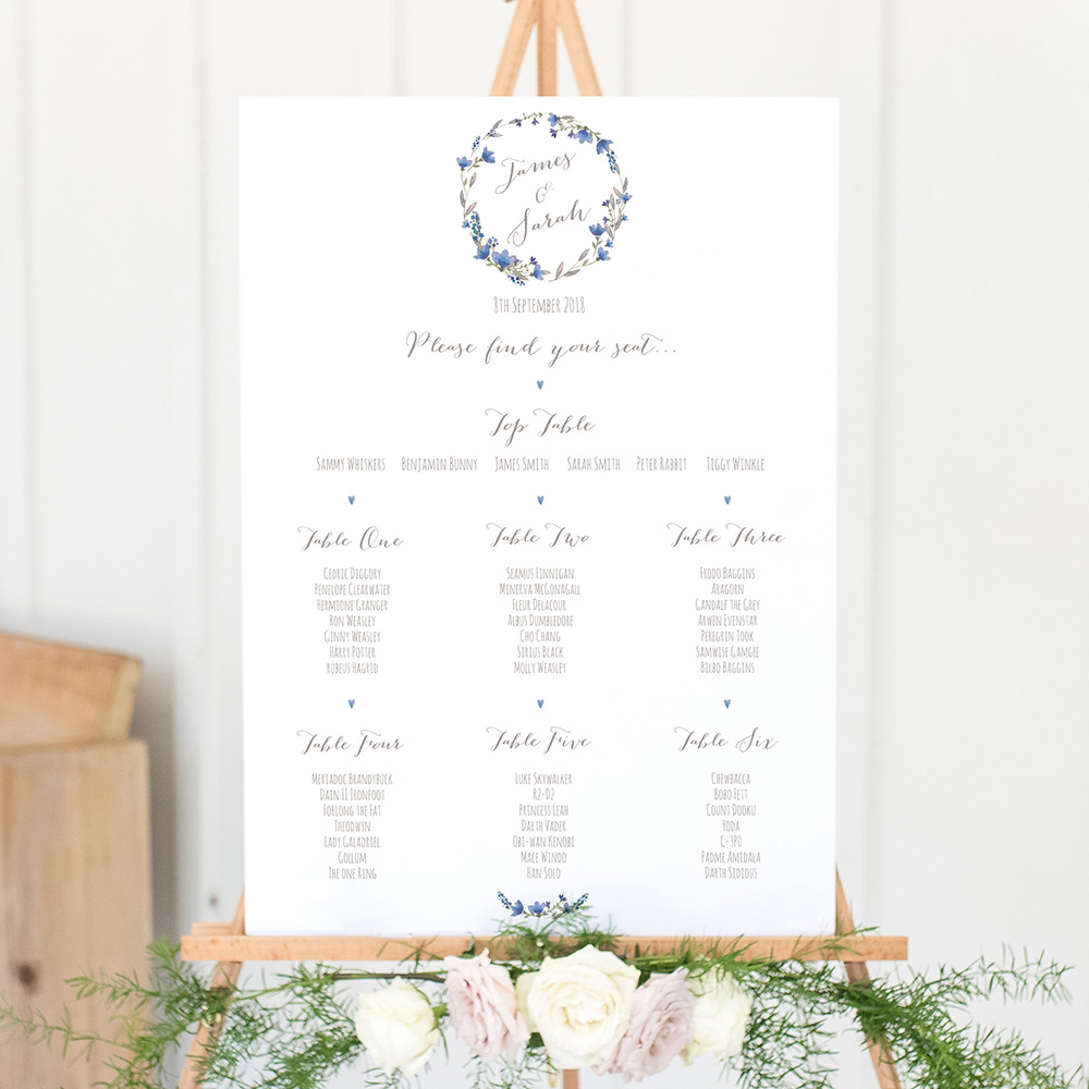 'Blue Floral Watercolour' Large White Table Plan A2/A1