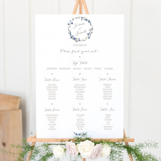 'Blue Floral Watercolour' A3 Table Plan