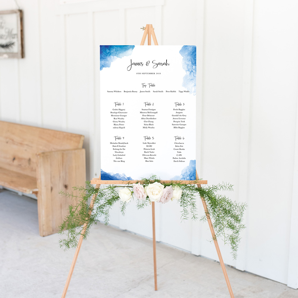 'Blue Watercolour Splash' Large White Table Plan A2/A1