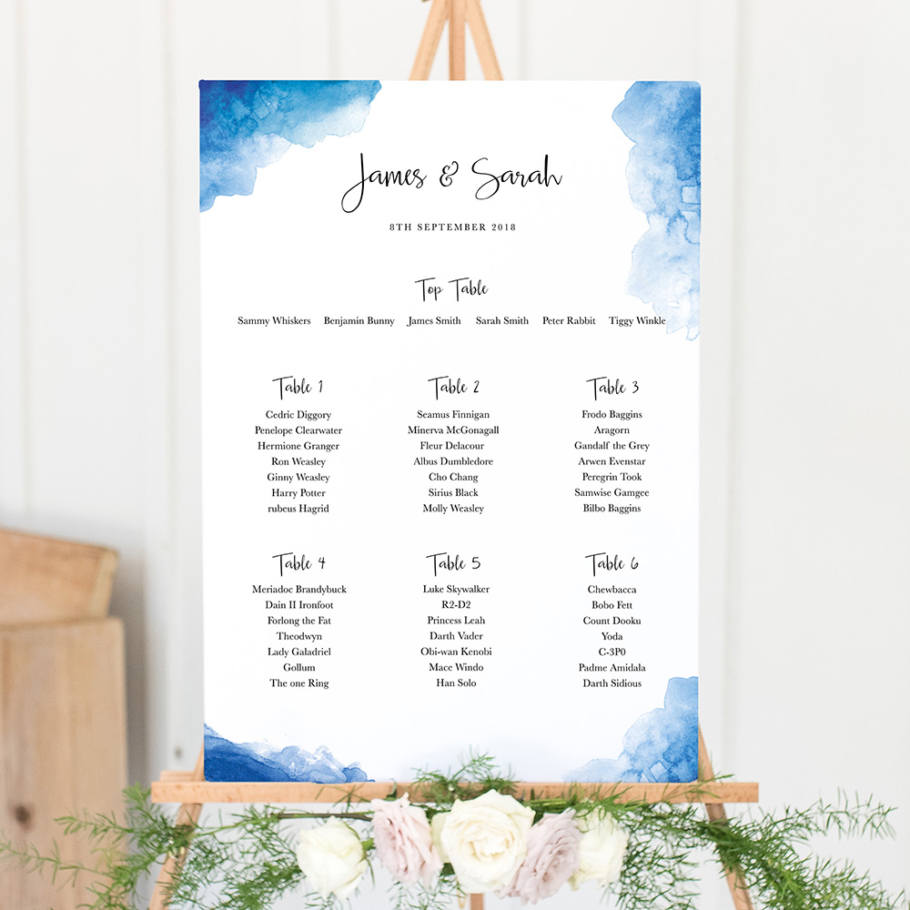 'Blue Watercolour Splash' Large White Table Plan A2/A1