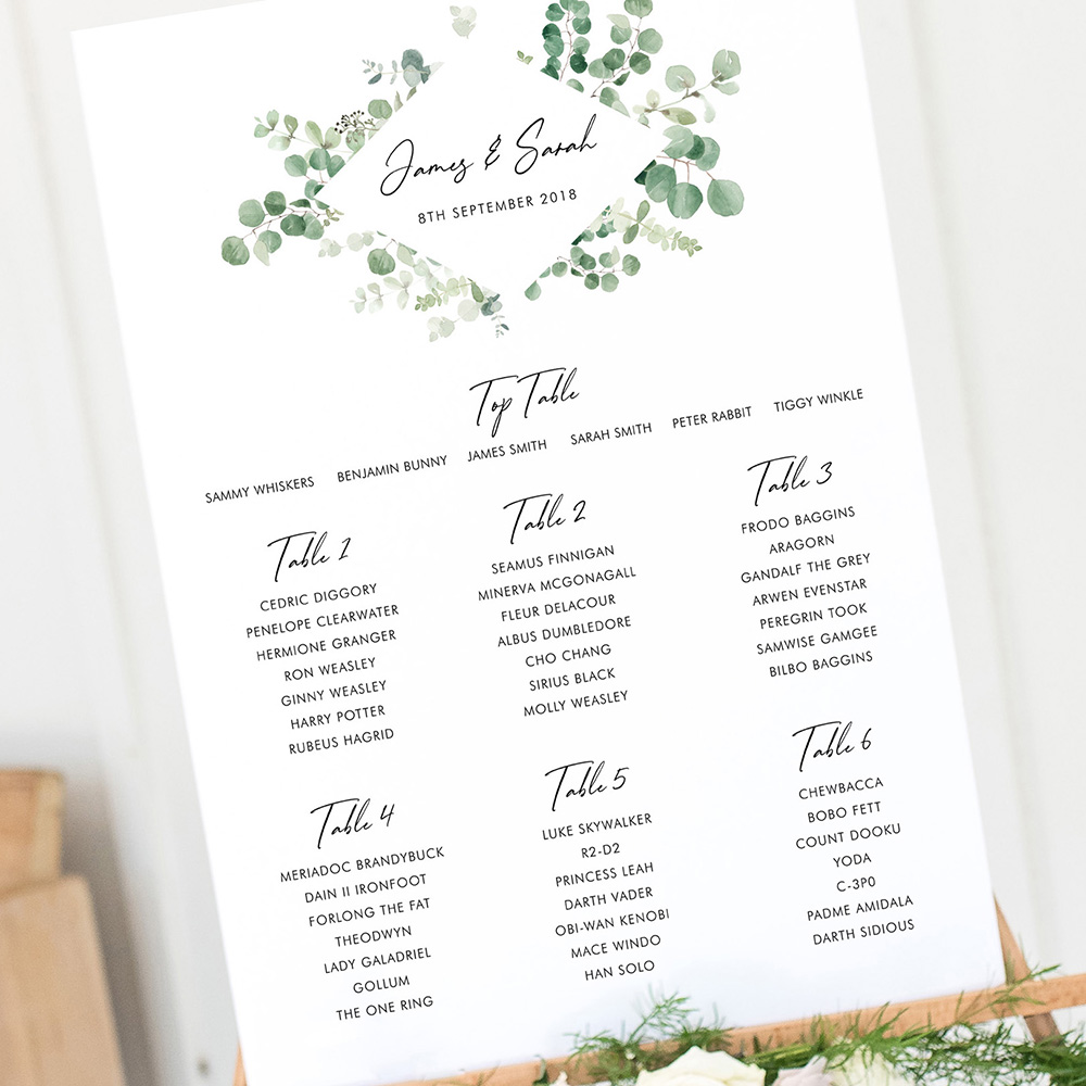 'Classic Eucalyptus Diamond' Large White Table Plan A2/A1