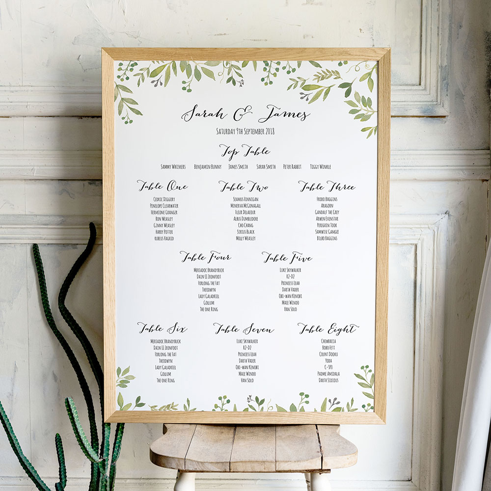 'Green Floral Watercolour' A3 Table Plan