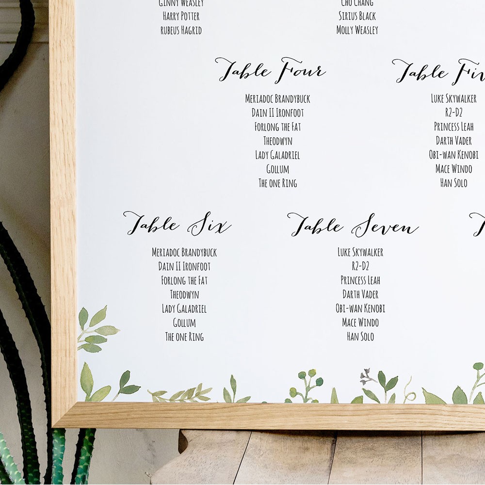 'Green Floral Watercolour' A3 Table Plan
