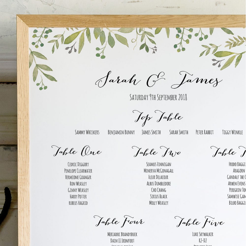 'Green Floral Watercolour' A3 Table Plan