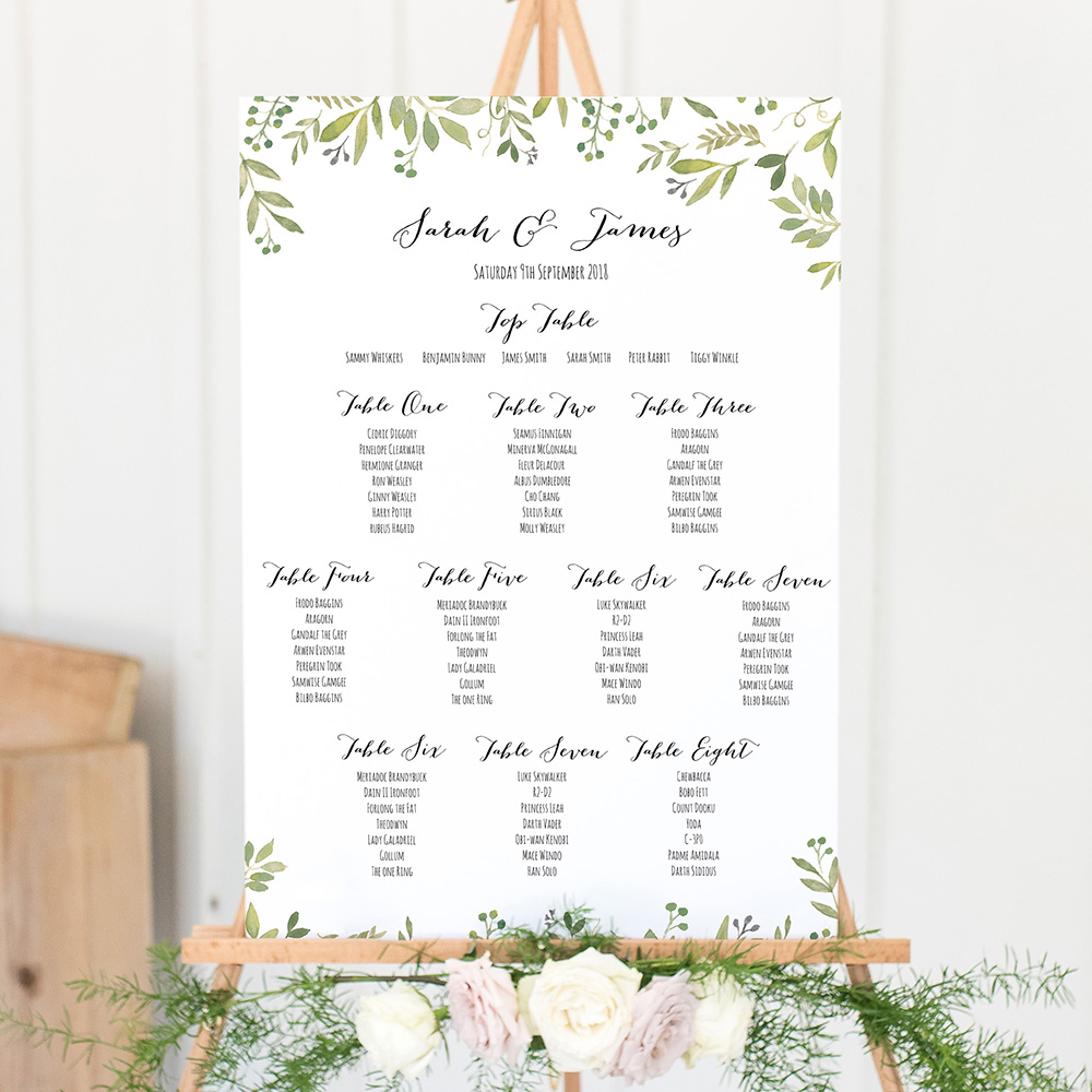 'Green Floral Watercolour' A3 Table Plan