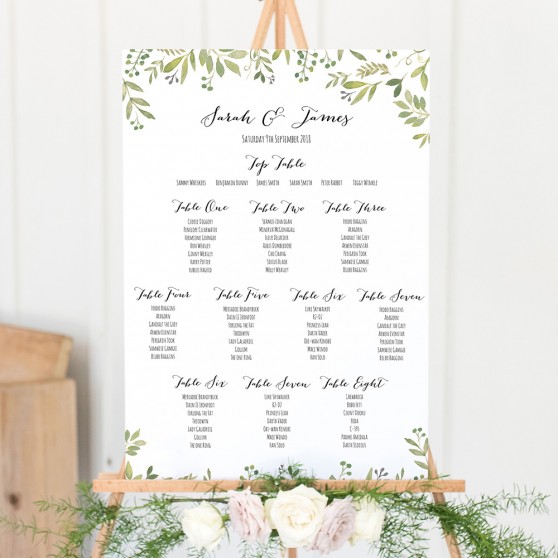 'Green Floral Watercolour' Large White Table Plan A2/A1