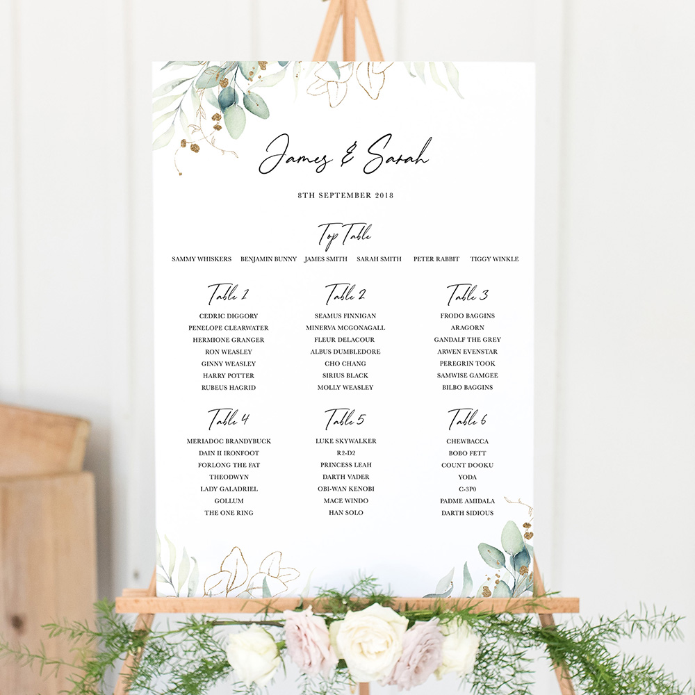 'Green & Gold Eucalyptus' Large White Table Plan A2/A1