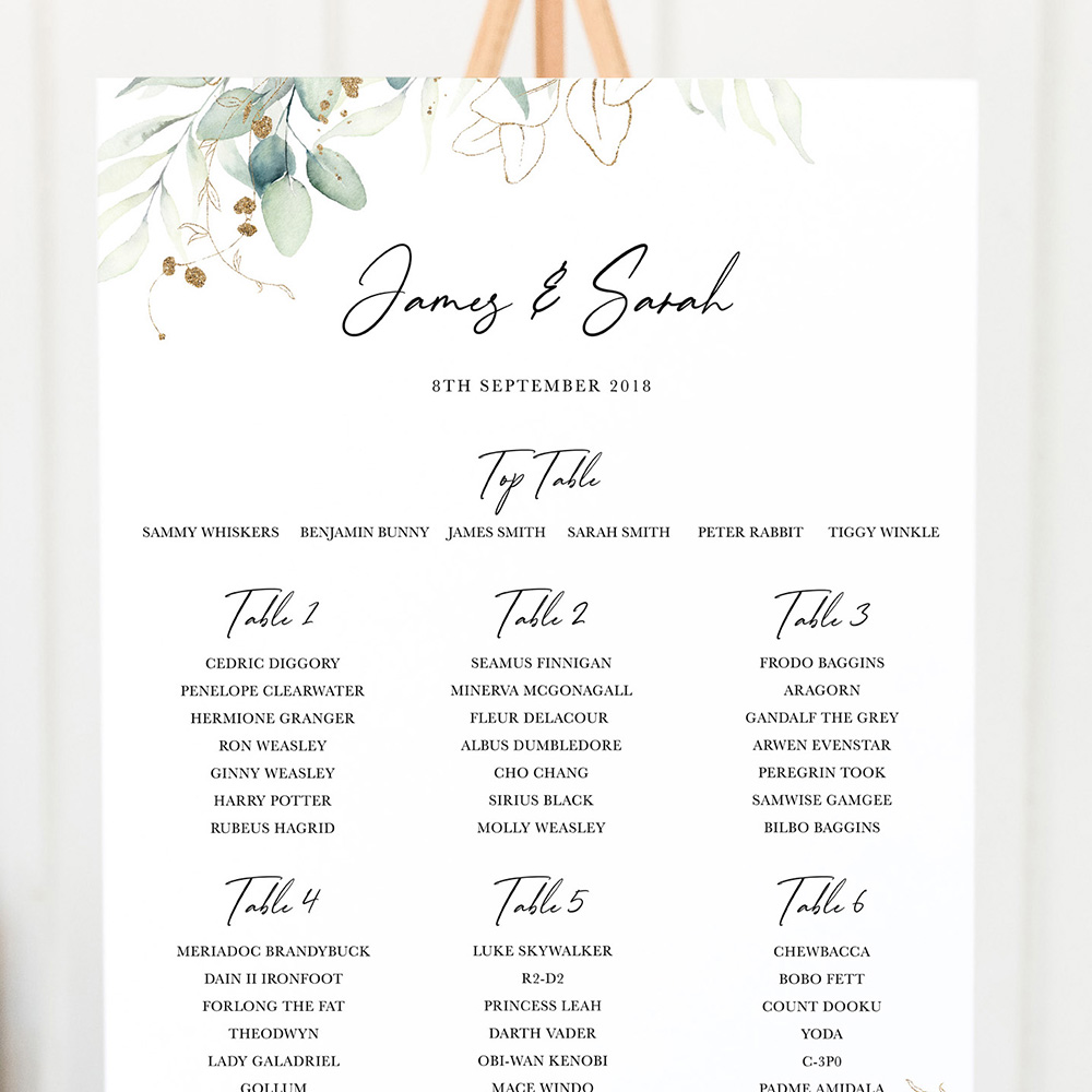 'Green & Gold Eucalyptus' Large White Table Plan A2/A1