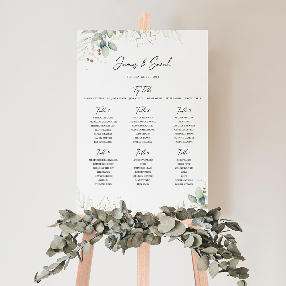 'Green & Gold Eucalyptus' Large White Table Plan A2/A1