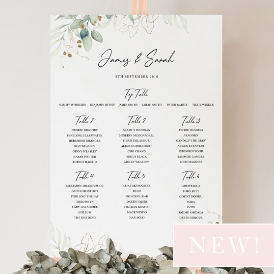 'Green & Gold Eucalyptus' Large White Table Plan A2/A1