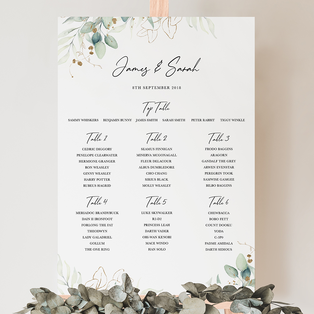 'Green & Gold Eucalyptus' Large White Table Plan A2/A1