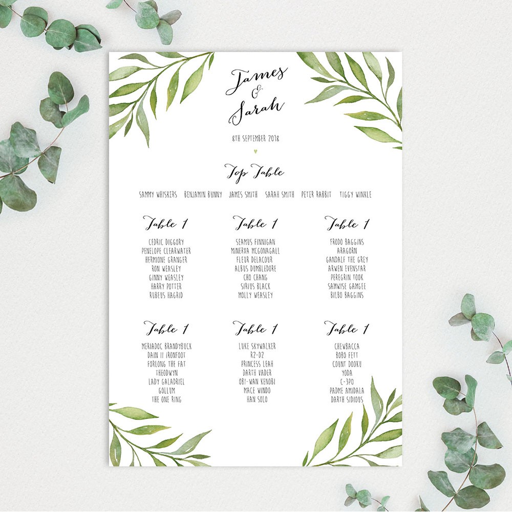 'Green Leaf' A3 Table Plan