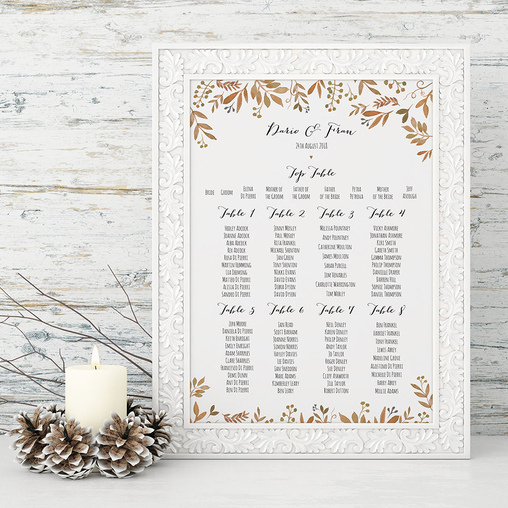 'Russet Floral Watercolour' A3 Table Plan