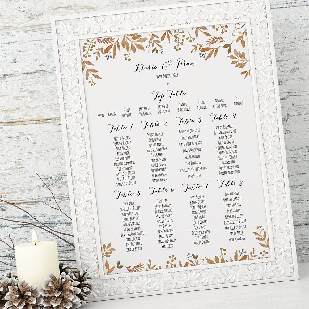 'Russet Floral Watercolour' A3 Table Plan