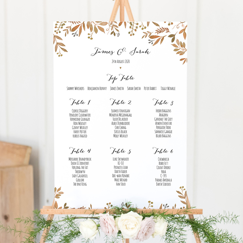 'Russet Floral Watercolour' A3 Table Plan