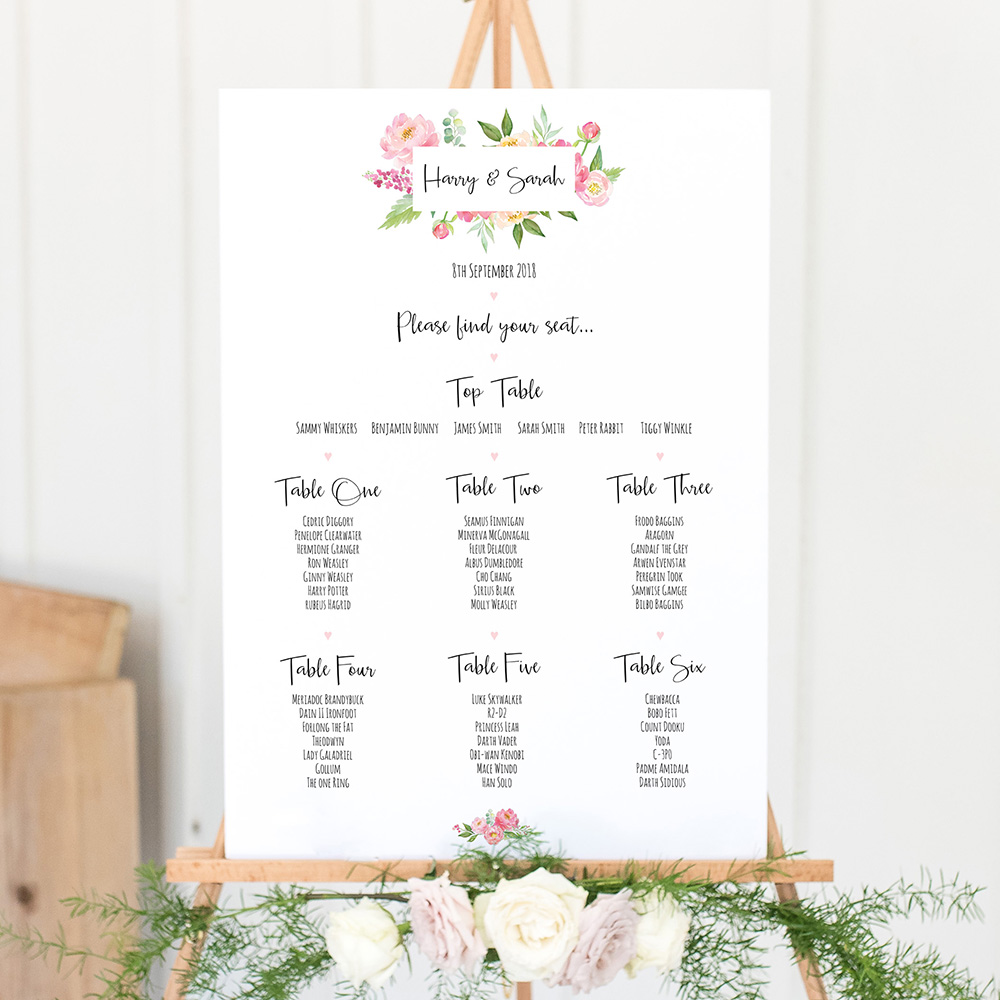 'Peony' A3 Table Plan