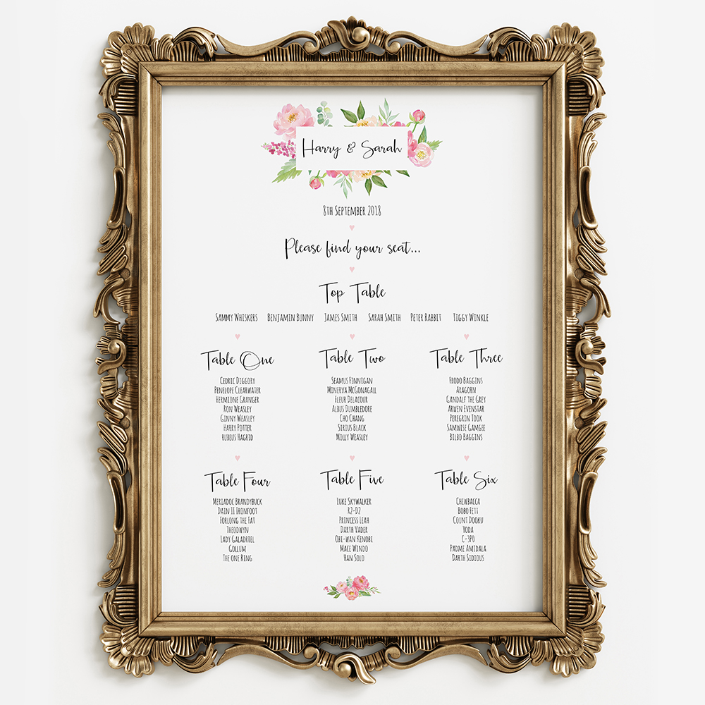 'Peony' A3 Table Plan