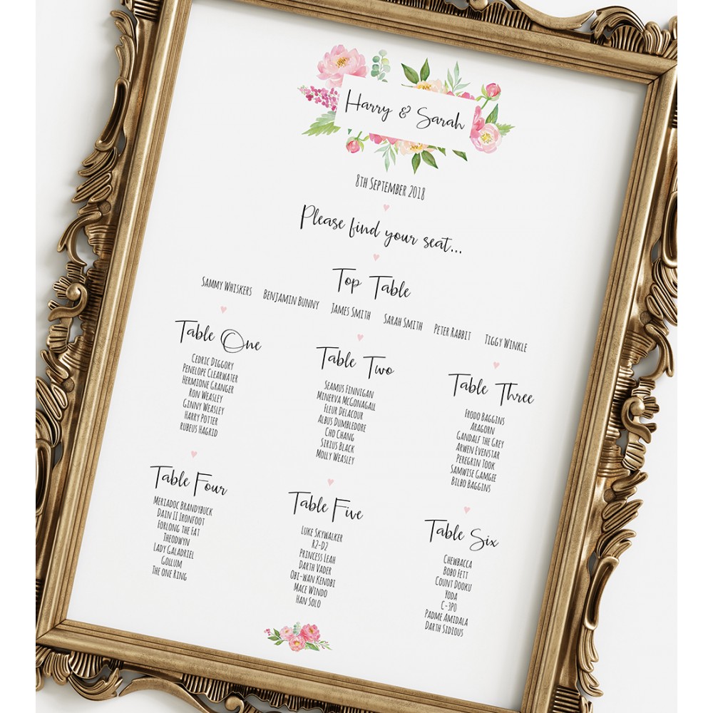 'Peony' A3 Table Plan