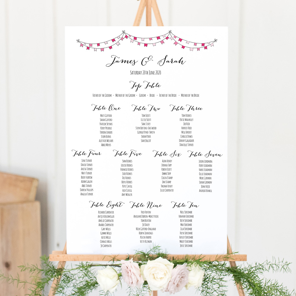 'Pink Flag Bunting' Large White Table Plan A2/A1