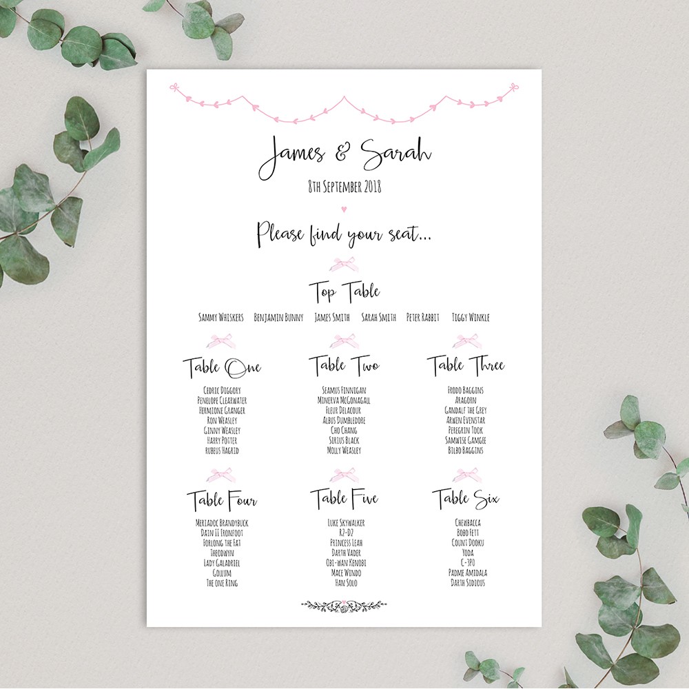 'Pink Heart Bunting' A3 Table Plan