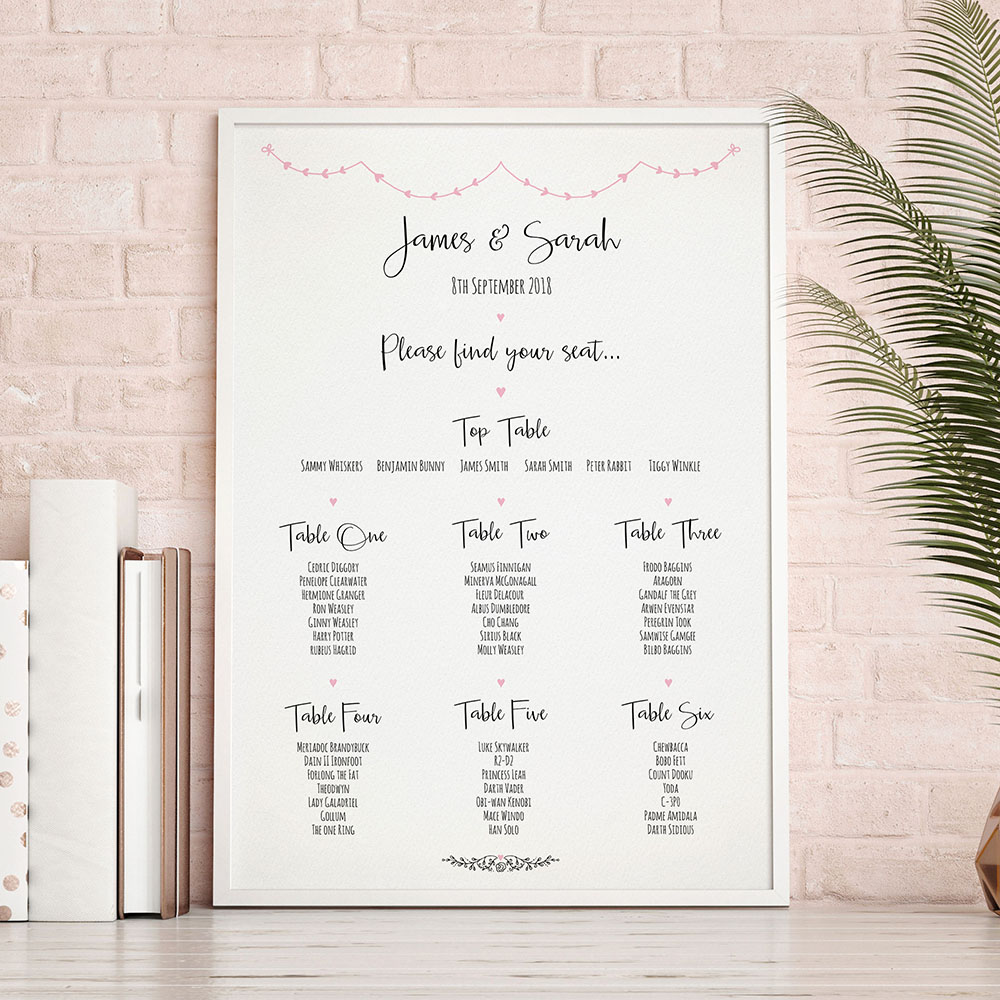 'Pink Heart Bunting' A3 Table Plan