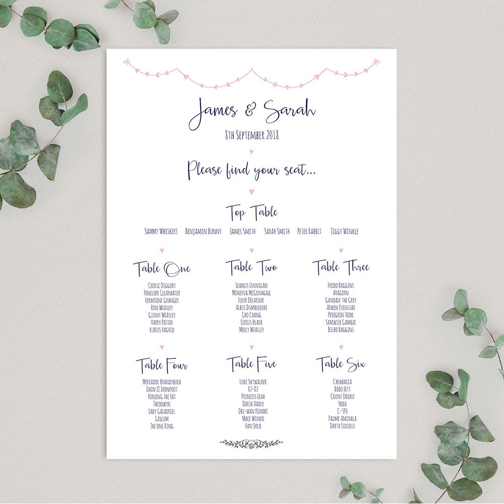 'Pink Heart Bunting' A3 Table Plan