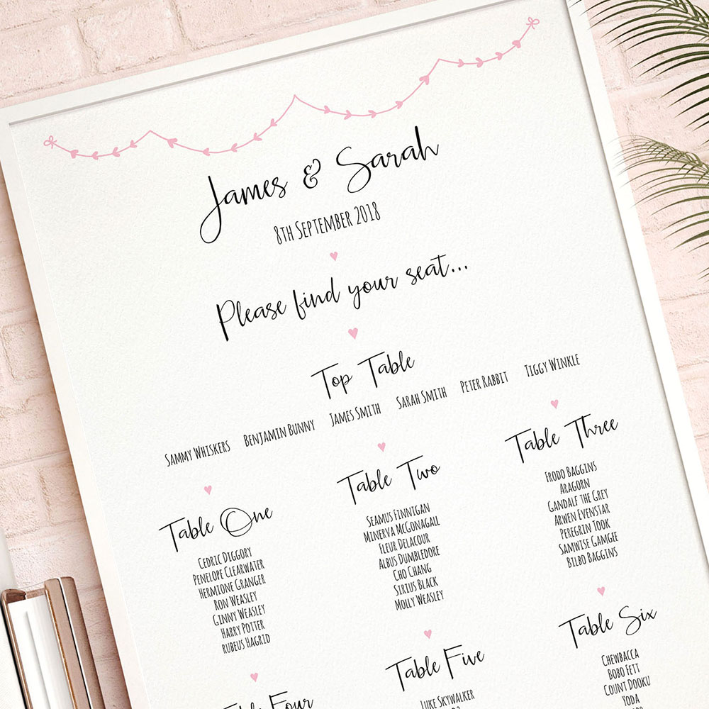 'Pink Heart Bunting' A3 Table Plan