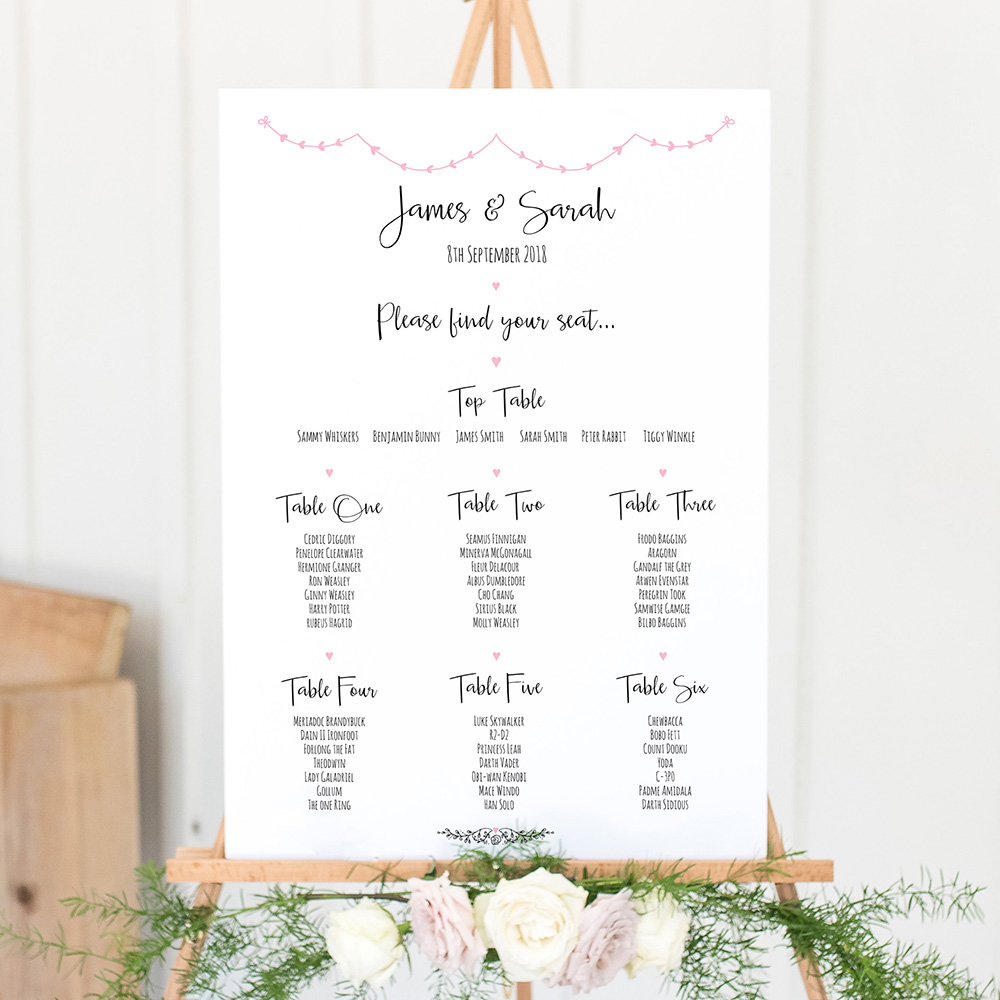 'Pink Heart Bunting' A3 Table Plan